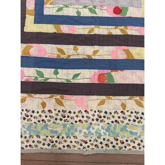 Vintage Hand Quilted Log Cabin Housetop Quilt Concentric Squares Abstract 6x7 - Picture 12 of 16